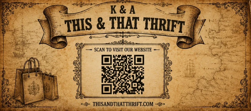 K&A This & That Thrift business card front. Scan the QR code to visit thisandthatthrift.com.